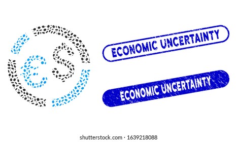 Collage currency diagram and rubber stamp seals with Economic Uncertainty phrase. Mosaic vector currency diagram is created with randomized oval pieces.