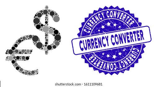 Collage currency icon and rubber stamp seal with Currency Converter caption. Mosaic vector is composed with currency icon and with random spheric items. Currency Converter stamp uses blue color,