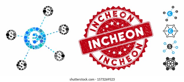 Collage currency network nodes icon and grunge stamp seal with Incheon caption. Mosaic vector is designed with currency network nodes icon and with randomized round items.
