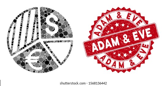 Collage currency pie chart and corroded stamp seal with Adam & Eve phrase. Mosaic vector is created with currency pie chart icon and with scattered circle spots. Adam & Eve stamp seal uses red color,