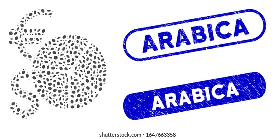 Collage currency pie chart and rubber stamp seals with Arabica phrase. Mosaic vector currency pie chart is composed with random oval elements. Arabica stamp seals use blue color,