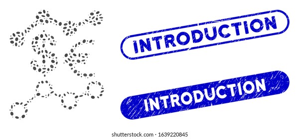 Collage currency trends and corroded stamp seals with Introduction text. Mosaic vector currency trends is composed with scattered ellipse elements. Introduction stamp seals use blue color,