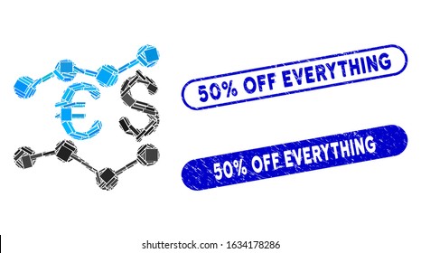 Collage currency trends and rubber stamp seals with 50% Off Everything phrase. Mosaic vector currency trends is designed with randomized rectangle items. 50% Off Everything stamp seals use blue color,