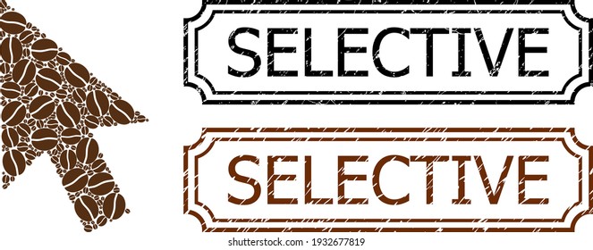 Collage cursor arrow united from coffee beans, and grunge Selective rectangle stamps with notches. Vector coffee elements are organized into abstract illustration cursor arrow icon with brown color.