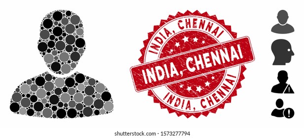 Collage customer icon and rubber stamp seal with India, Chennai phrase. Mosaic vector is designed with customer pictogram and with scattered round items. India, Chennai stamp seal uses red color,