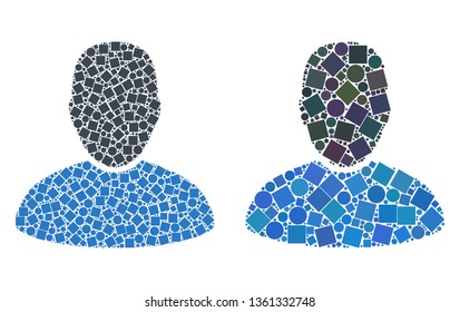 Collage Customer icons designed from round and square elements in random sizes, positions and proportions. Vector round and square parts are arranged into abstract collage customer icons.
