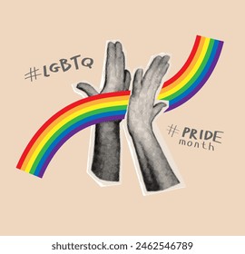 Collage with cut out paper halftone hands for decoration of LGBT events.