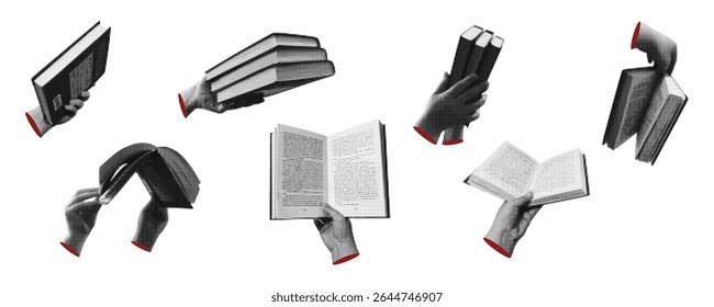 Collage cut outs set, hands holding an open book with retro halftone effect. Vector illustration for media design  isolated on transparent background.