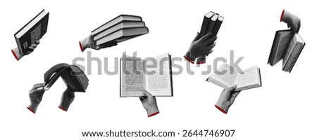 Collage cut outs set, hands holding an open book with retro halftone effect. Vector illustration for media design  isolated on transparent background.