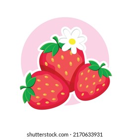 Collage of cute cartoon fresh strawberry with flowers. Cute logo design of strawberry and flowers for paper, cover, fabric, interior decor and other users. Decoration for menu, brochure, poster.