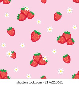 Collage of cute cartoon fresh strawberry with flowers and seamless pattern. Cute design of strawberry and flowers for paper, cover, fabric, interior decor and other users. Decoration for menu