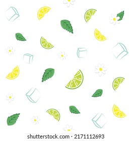 Collage of cute elements for cocktail and seamless pattern. Cute design of lime, lemon, mint, ice and flowers for paper, cover, fabric, interior decor and other users. Decoration for menu