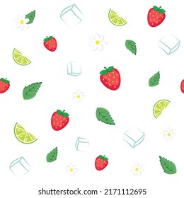 Collage of cute elements for cocktail and seamless pattern. Cute design of strawberry, lime, mint, ice and flowers for paper, cover, fabric, interior decor and other users. Decoration for menu