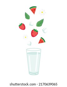 Collage of cute elements for a cocktail of strawberry, watermelon, mint and ice pouring into an empty transparent glass. Cute design of strawberry, lime, mint, ice and flowers for menu, paper, cover