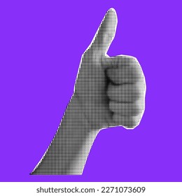 Collage cutout element with the finger up. Hand in gesture I like. Halftone effect, vector illustration 