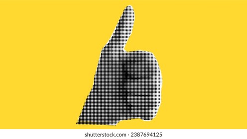 Collage cutout element with the finger up. Hand in gesture I like. Halftone effect, vector illustration on yellow background.