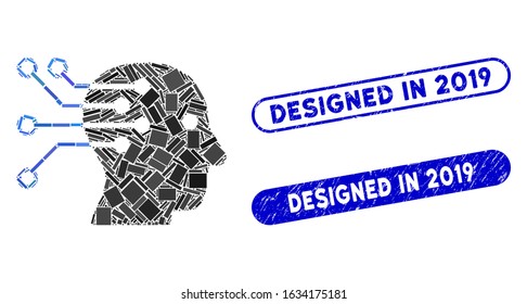 Collage cyborg brain interface circuit and grunge stamp seals with Designed in 2019 phrase. Mosaic vector cyborg brain interface circuit is composed with scattered rectangle items.