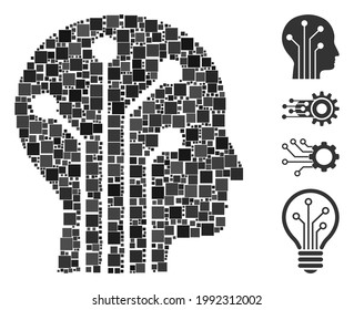 Collage Cyborg head circuit icon united from square items in various sizes and color hues. Vector square items are composed into abstract illustration cyborg head circuit icon. Bonus icons are placed.