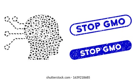 Collage cyborg interface circuit and corroded stamp seals with Stop GMO phrase. Mosaic vector cyborg interface circuit is created with randomized ellipse parts. Stop GMO stamp seals use blue color,