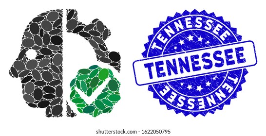 Collage for cyborgs only icon and rubber stamp seal with Tennessee caption. Mosaic vector is created with for cyborgs only icon and with scattered elliptic items. Tennessee stamp seal uses blue color,