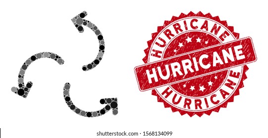 Collage cyclone arrows and rubber stamp seal with Hurricane caption. Mosaic vector is designed with cyclone arrows icon and with randomized spheric elements. Hurricane stamp seal uses red color,