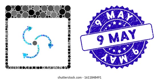 Collage cyclone calendar page icon and grunge stamp seal with 9 May caption. Mosaic vector is created with cyclone calendar page icon and with random round elements. 9 May seal uses blue color,