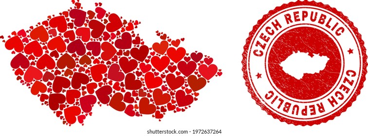 Collage Czech Republic map created with red love hearts, and scratched stamp. Vector lovely round red rubber seal stamp imitation with Czech Republic map inside.
