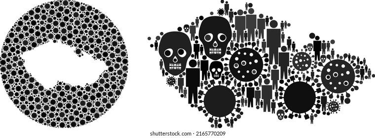 Collage Czech Republic map united from sars virus elements and people and skeleton elements. Evil virus Czech Republic map collage designed with sphere and hole.