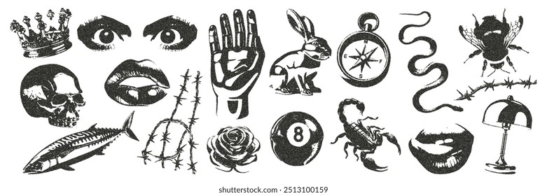 Collage of Dadaism in the dot style of retro photocopies. Chrome elements eyes, mouth, rose, skull, rabbit, compass, fish, crown. Vector illustration.