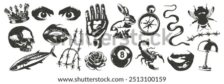 Collage of Dadaism in the dot style of retro photocopies. Chrome elements eyes, mouth, rose, skull, rabbit, compass, fish, crown. Vector illustration.