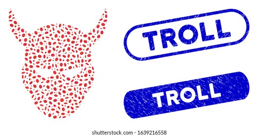 Collage daemon head and grunge stamp seals with Troll text. Mosaic vector daemon head is composed with randomized oval elements. Troll stamp seals use blue color, and have round rectangle shape.