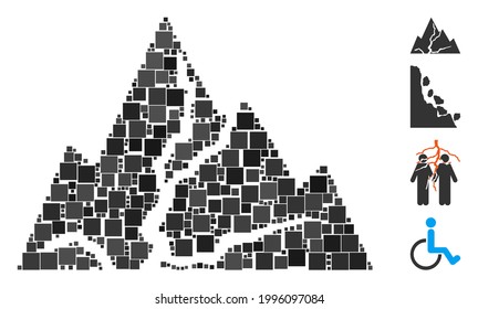 Collage Icono de rocas dañadas construido a partir de elementos cuadrados de diferentes tamaños y tonos de color. Los elementos cuadrados vectoriales se componen en un icono de rocas dañadas por el collage abstracto. Se colocan los iconos de bonificación.