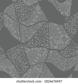 Collage  damask hand drawn floral design. Seamless pattern, dark gray renaissance tiling ornament. Royal portuguese abstract filigree background. Elegant decorative revival tracery design.