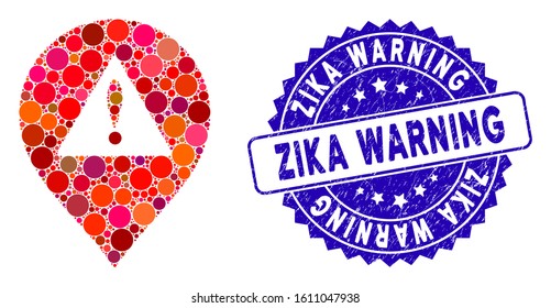 Collage danger map marker icon and distressed stamp seal with Zika Warning caption. Mosaic vector is formed with danger map marker icon and with randomized circle elements.