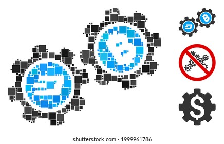 Collage Dash Bitcoin gears icon constructed from square items in various sizes and color hues. Vector square items are composed into abstract collage Dash Bitcoin gears icon.