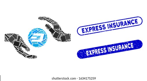 Collage Dash coin care hands and corroded stamp seals with Express Insurance caption. Mosaic vector Dash coin care hands is designed with random rectangle items.