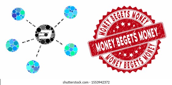 Collage Dash coin relations and rubber stamp seal with Money Begets Money phrase. Mosaic vector is composed with Dash coin relations icon and with randomized round items.