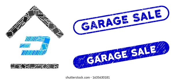 Collage Dash garage and distressed stamp seals with Garage Sale phrase. Mosaic vector Dash garage is designed with randomized rectangle items. Garage Sale stamp seals use blue color,