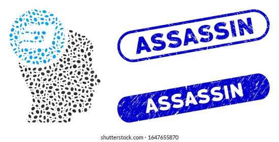 Collage Dash idea head and grunge stamp seals with Assassin phrase. Mosaic vector Dash idea head is composed with scattered oval parts. Assassin stamp seals use blue color,