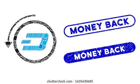 Collage Dash revert payment and distressed stamp seals with Money Back caption. Mosaic vector Dash revert payment is designed with randomized rectangle items. Money Back stamp seals use blue color,