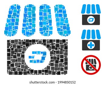 Collage Dash shop icon constructed from square items in various sizes and color hues. Vector square items are composed into abstract illustration Dash shop icon. Bonus icons are added.