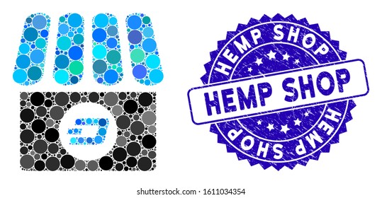 Collage Dash shop icon and rubber stamp seal with Hemp Shop text. Mosaic vector is created with Dash shop icon and with random spheric elements. Hemp Shop stamp seal uses blue color,