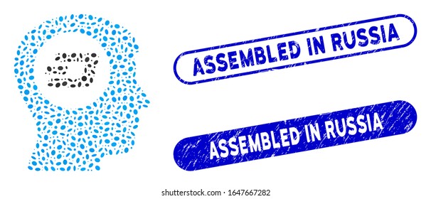 Collage Dash think and distressed stamp seals with Assembled in Russia text. Mosaic vector Dash think is composed with randomized oval items. Assembled in Russia stamp seals use blue color,