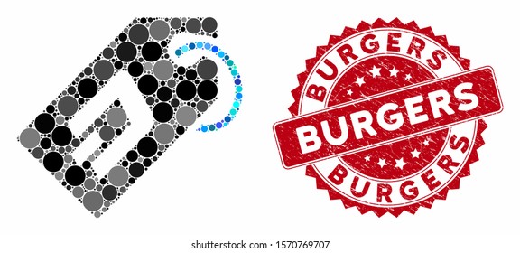 Collage Dash token and grunge stamp seal with Burgers text. Mosaic vector is designed with Dash token icon and with random spheric spots. Burgers stamp seal uses red color, and grunge design.