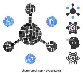 Collage Data network icon constructed from square items in different sizes and color hues. Vector square items are organized into abstract mosaic data network icon. Bonus icons are placed.