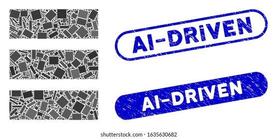 Collage database and distressed stamp seals with Ai-Driven caption. Mosaic vector database is created with random rectangle items. Ai-Driven stamp seals use blue color, and have round rectangle shape.