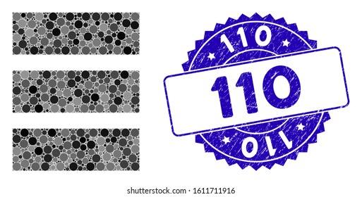 Collage database icon and rubber stamp seal with 110 text. Mosaic vector is created with database icon and with scattered round items. 110 stamp seal uses blue color, and grunge design.