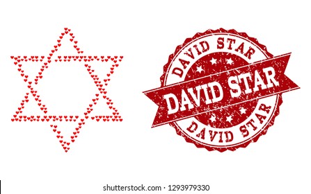 Collage david star created with red valentine hearts, and isolated rubber watermark. Composition for Valentines Day. David star concept constructed with small scattered amour heart icons.