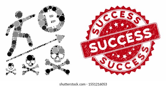 Collage deadly Bitcoin achievement and corroded stamp seal with Success phrase. Mosaic vector is designed with deadly Bitcoin achievement icon and with scattered circle elements.