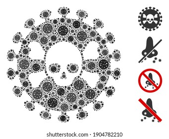 Collage deadly virus composed of flu virus icons in random sizes and color hues. Vector viral icons are composed into abstract composition deadly virus icon. Some bonus icons are added.